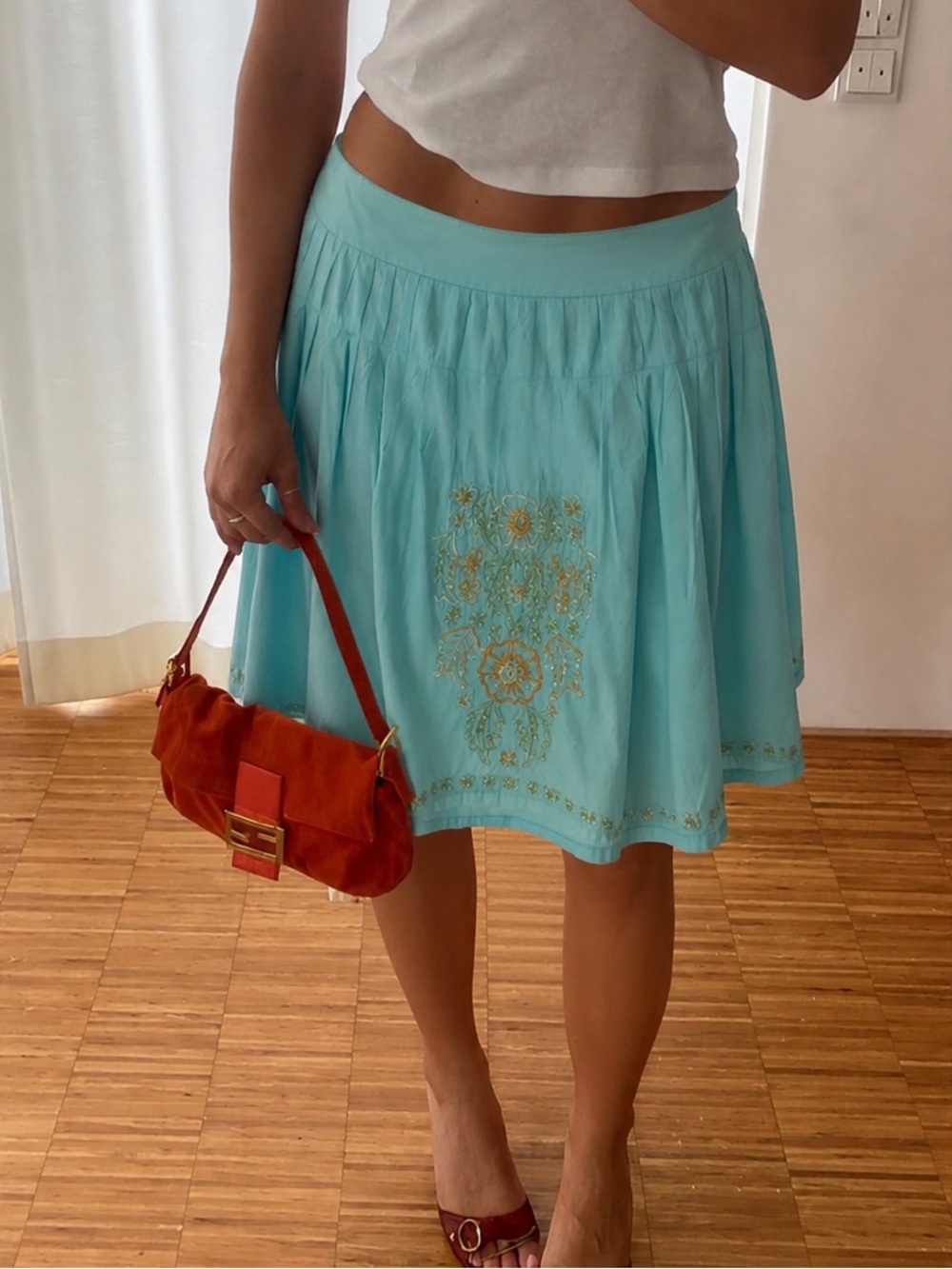 Women’s Turquoise Embroidered Pleated Skirt